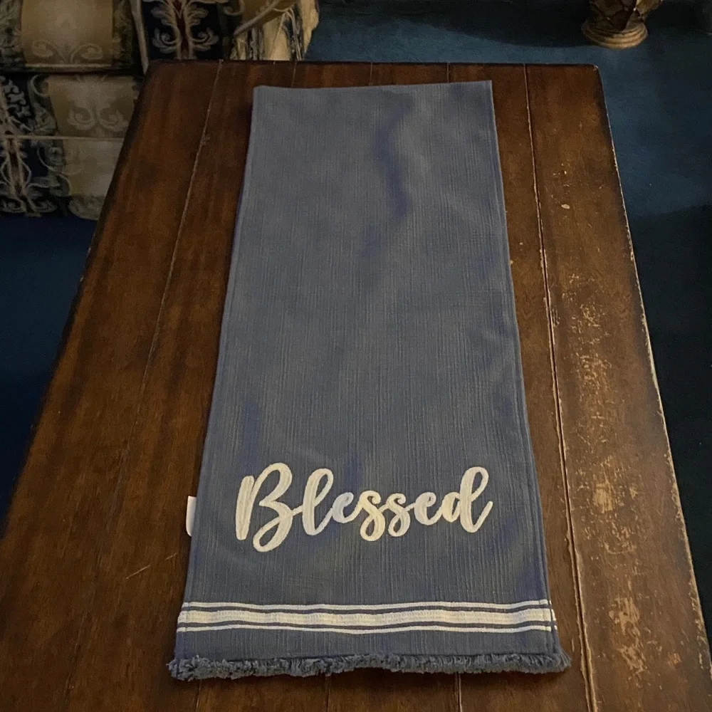 Blue Table Runner Farmer House Decor  with Fringe 13” X 72” Measured